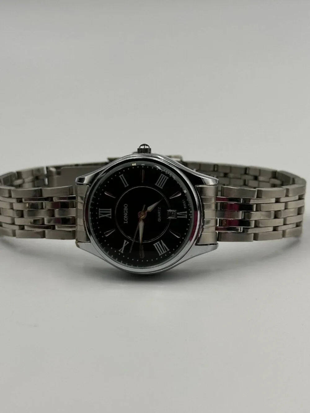 3/$30 Longbo Watch Men Silver Tone Black Dial Date Window 29MM New Battery 8”